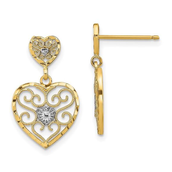 10K Yellow Gold w/ RH Heart Beaded Filigree Dangle Earrings